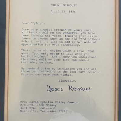 Nancy Reagan Letter to Ward-Belmont Teacher
