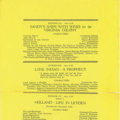 Page 2: Episode III Sandy's Ships With Wives for the Virginia Colony, Interlude, Episode IV Scene I Holland-Life in Leyden
