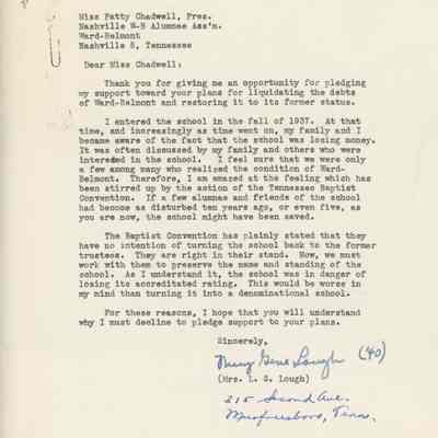 Letter to Patty Chadwell from Nancy Lough '40, 1951