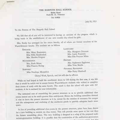 The Harpeth Hall School 1951 Patron Letter
