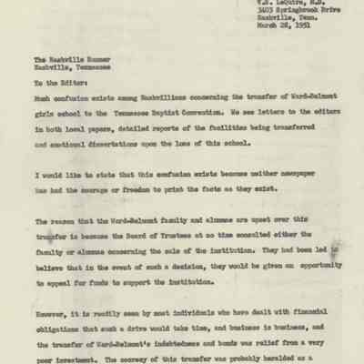 Letter to the Nashville Banner Providing Info on the Ward-Belmont Transfer