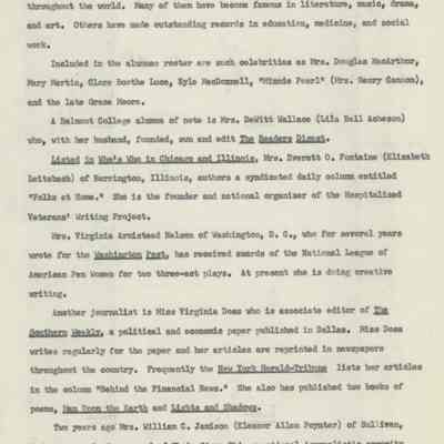 Description of Notable Alumnae from Ward's Seminary, Belmont College, and Ward-Belmont (not dated)