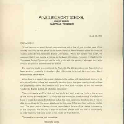 Letter to Alumnae asking for funds in order to stop Ward-Belmont from closing