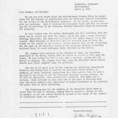 Letter to Ward-Belmont Alumni About the Baptists, April 1951