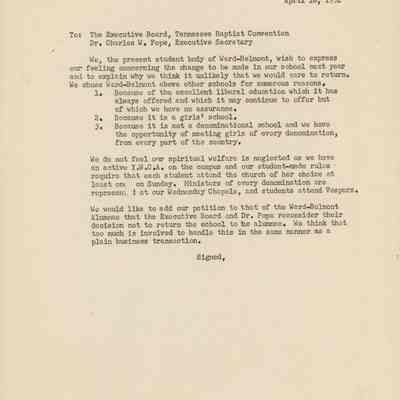 Letter to Tennessee Baptist Convention from Ward-Belmont Student Body