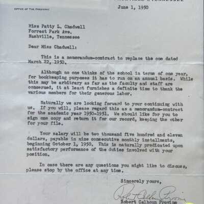 Patty Chadwell Employment Contract 1950