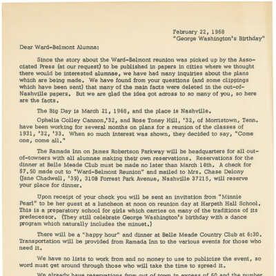 1968 Letter to Ward Belmont Alumna