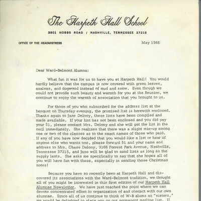 Letter from Headmistress of HH to Ward-Belmont Alumna May 1968