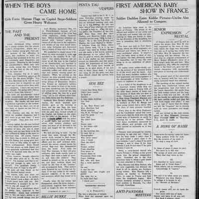 Article on the "Human flag" formed by students, printed in the Ward-Belmont Hyphen (college newspaper) from April 8, 1919: Ward-Belmont Hyphen, newspaper article, April 8, 1919