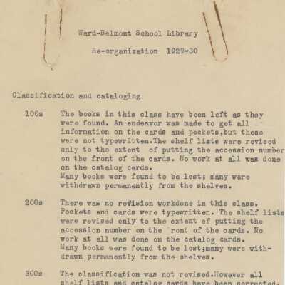 Ward-Belmont School Library Re-Organization 1929-30
