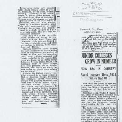 Junior Colleges Grow in Number (1936 Newspaper Clipping)