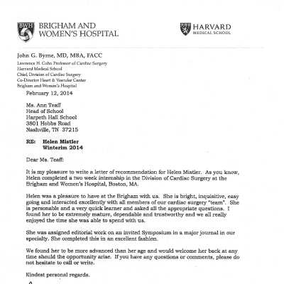 Letter of Recommendation for Helen Mistler ('15)