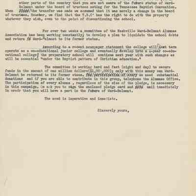 Draft of Letter Sent to Alumni, March 1951