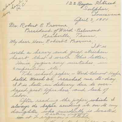 Letter to Dr. Provine from Mrs. M Riester Vincent, April 1951