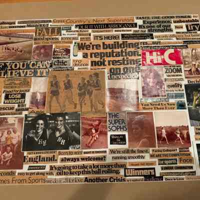 Collage board with photographs and newspaper clippings, 1978 Cross Country team gift to Coach Kramer