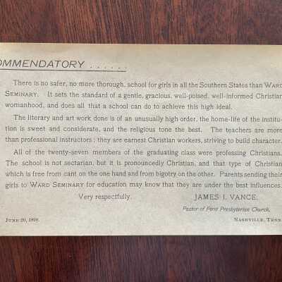 Ward Seminary Commendatory Card 1898