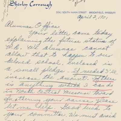 Letters from Shirley Corrough About Pledging Money to the Alumnae Fund, 1951