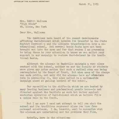 Letter to DeWitt Wallace About The Ward-Belmont Situation, 1951