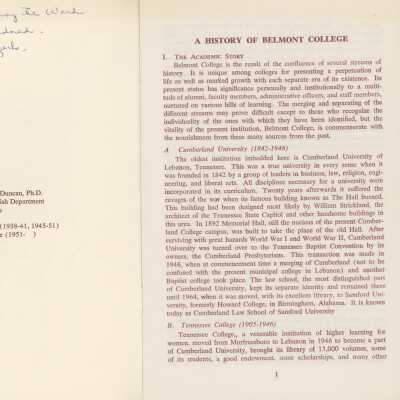 History of Belmont College, 1951?