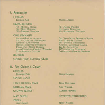 Page 1 of Program: Procession, The Queen's Court, Spring Dances