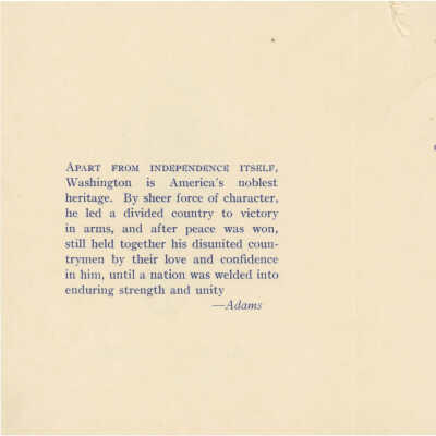 Dinner Menu, Quote from Adams about George Washington