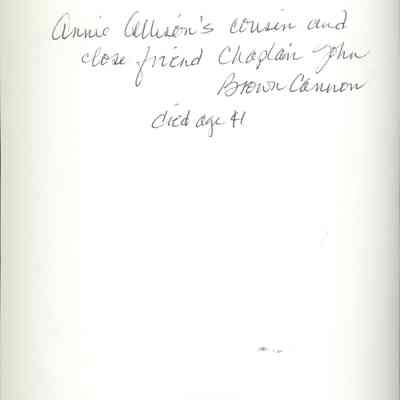 Annie Allison's cousin and close friend Chaplain John Brown Cannon, died age 41: Back side of Father Brown Cannon photograph