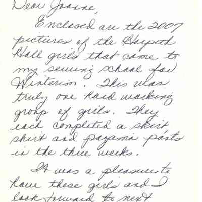 Handwritten note from Marguerite LeBlanc about the 2007 Winterim sewing class