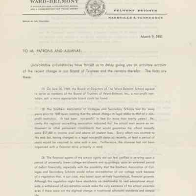 Letter from Robert Calhoun Provine and C. W. Pope to Alumnae and Friends of Ward-Belmont on School's Non-Profit Status 1951