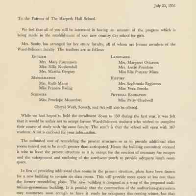 Update Letter on Harpeth Hall's Opening, 1951