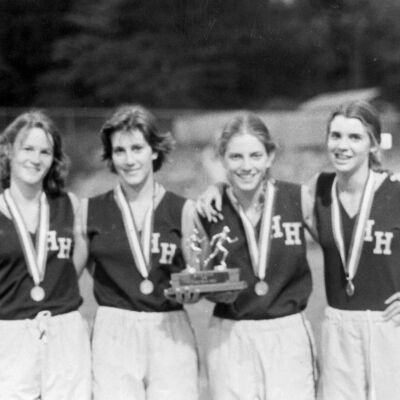 1978 2 mile relay team with trophy and medals
