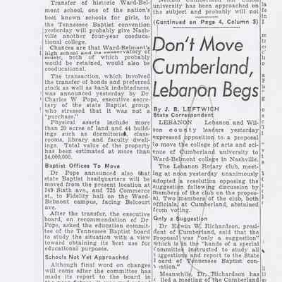 Newspaper article on Proposed Ward-Belmont Merger, 1951