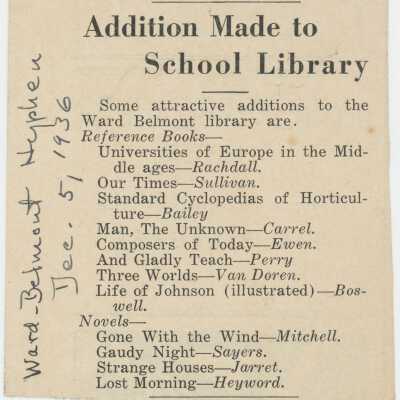 Addition Made to School Library (1936 Ward-Belmont Hyphen Newspaper Clipping)