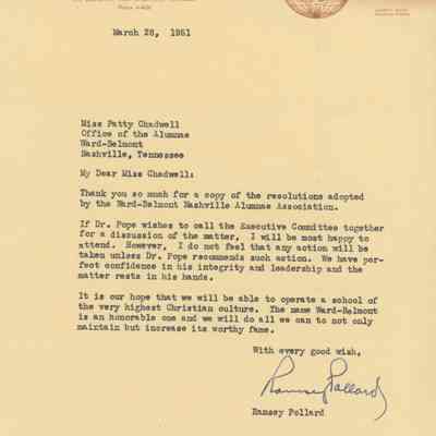 Letter to Patty Chadwell from the Baptists, March 1951