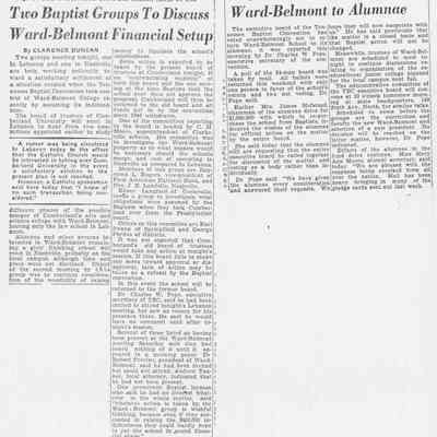 Two Baptist Groups To Discuss Ward-Belmont Financial Setup, Baptists Will Not Return Ward-Belmont to Alumnae