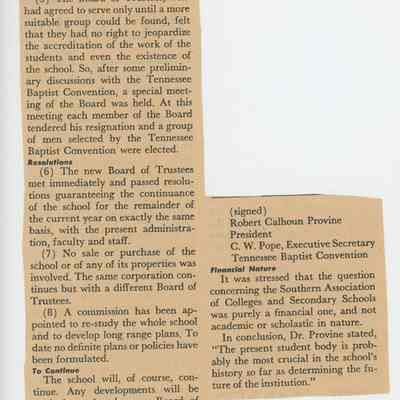 Article on Ward-Belmont's Sale to Tennessee Baptist Convention, 1951