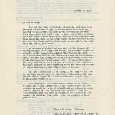 Letter to HH Principal from Vassar College, 1952