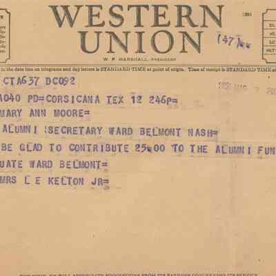 Telegram from WB Alumna Mrs. Kelton Jr. to Mary Ann Moore