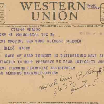 Telegram from WB Alumna, Margaret Davis to Dr. Provine