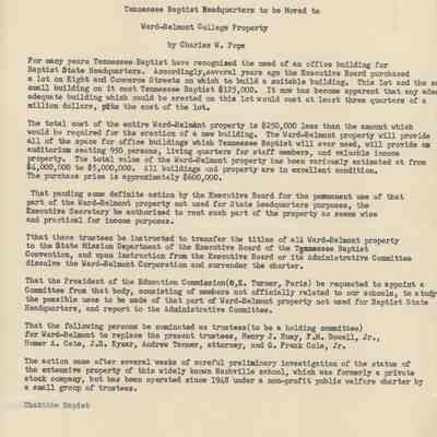 Announcement of Tennessee Baptist Headquarters Moving to Ward-Belmont, 1951