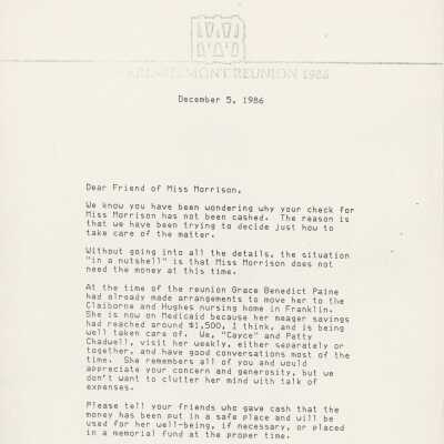 Miss Morrison Letter, 1986