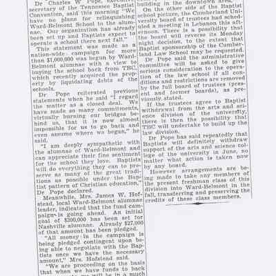 Nashville Banner Article on TBC's Hold of Ward-Belmont, March 1951