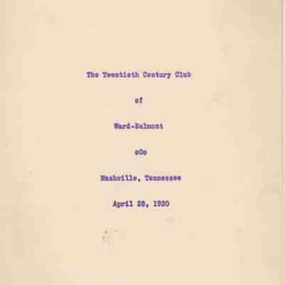 The Twentieth Century Club of Ward-Belmont April 28, 1920 Program (The Hermitage)