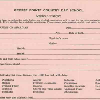 Letter, Questionnaire, and Blank Medical History Card from Grosse Pointe Country Day School, 1951