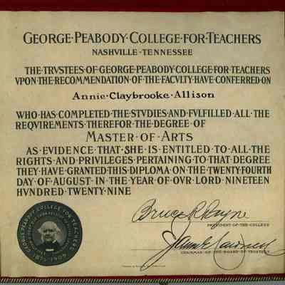 Diploma for Annie Claybrooke Allison, Master of Arts, 1929.: Inside of Diploma for Annie Claybrooke Allison, Master of Arts, 1929, from the George Peabody College for Teachers.
