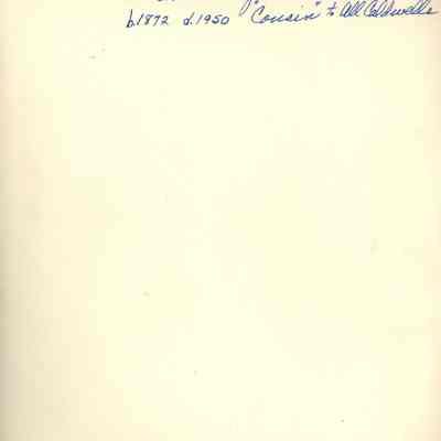 Annie Claybrooke Allison b. 1872 d. 1950 "Cousin" to All Caldwells: Back side of undated photograph of Annie Claybrooke Allison