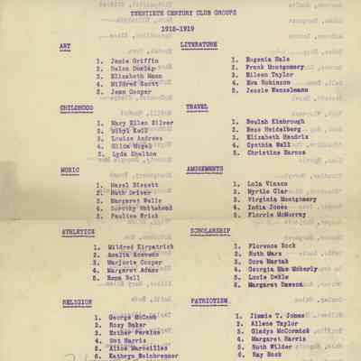 Twentieth Century Club Groups & Membership List 1918-1919