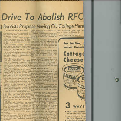 Newspaper clipping: "Baptists Propose Moving CU College Here"