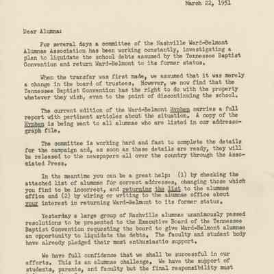 Letter to Alumni About WB Sale, March 1951
