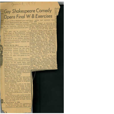 Newspaper clipping: "Gay Shakespeare Comedy Opens Final W-B Exercises"