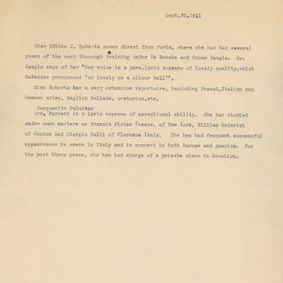 Record of Miss Edithe T. Roberts, dated Sept. 30, 1911